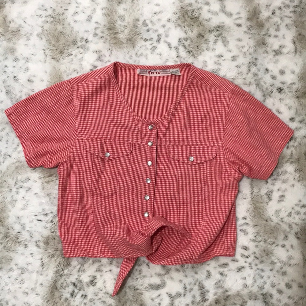 Vintage • Checkered Denim Crop Tie Top